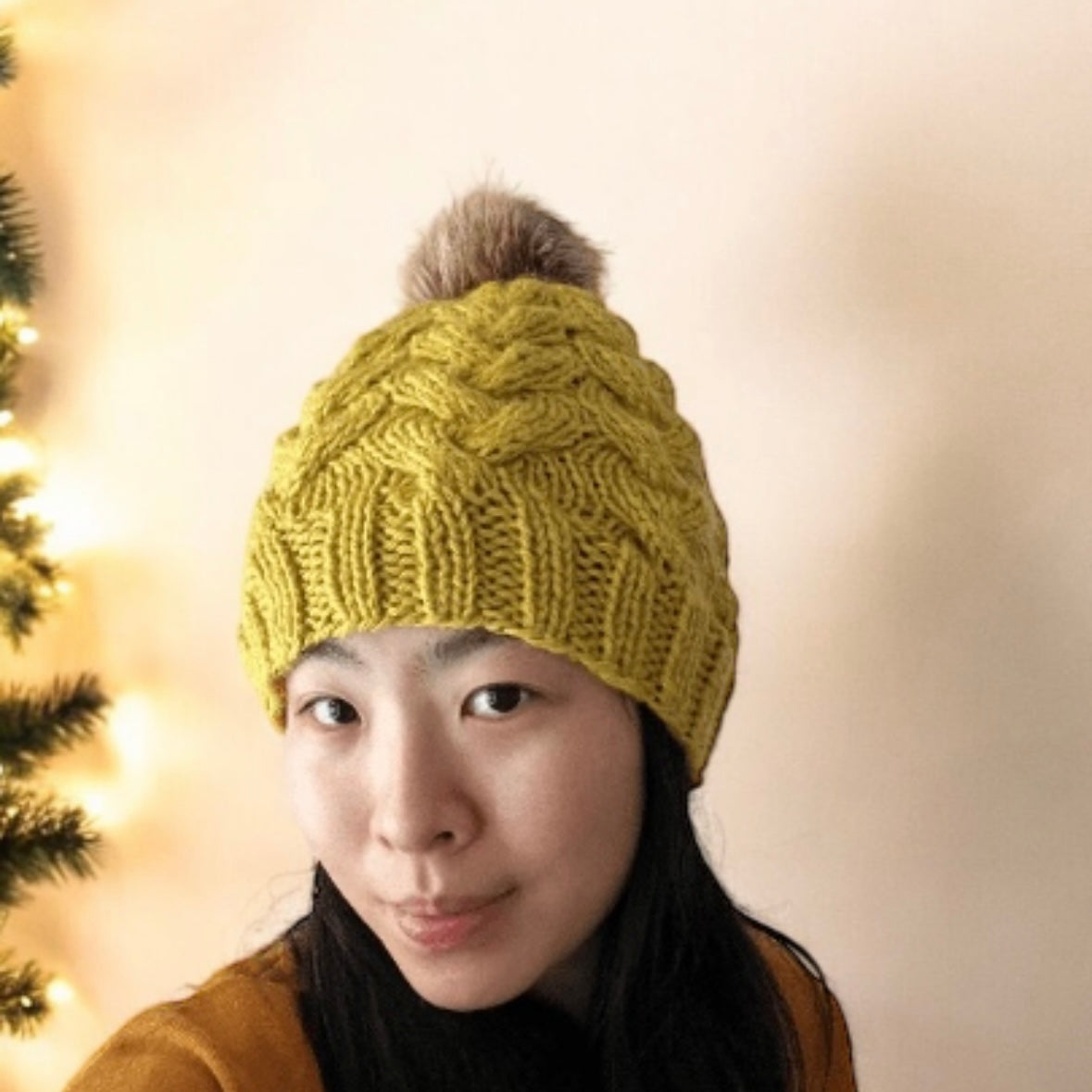 Handknit Cable Brim Beanie | Knit Beret | Slouchy Hat in mustard | Knit beanie in yellow | Fluffy cozy fur pom pom winter hat