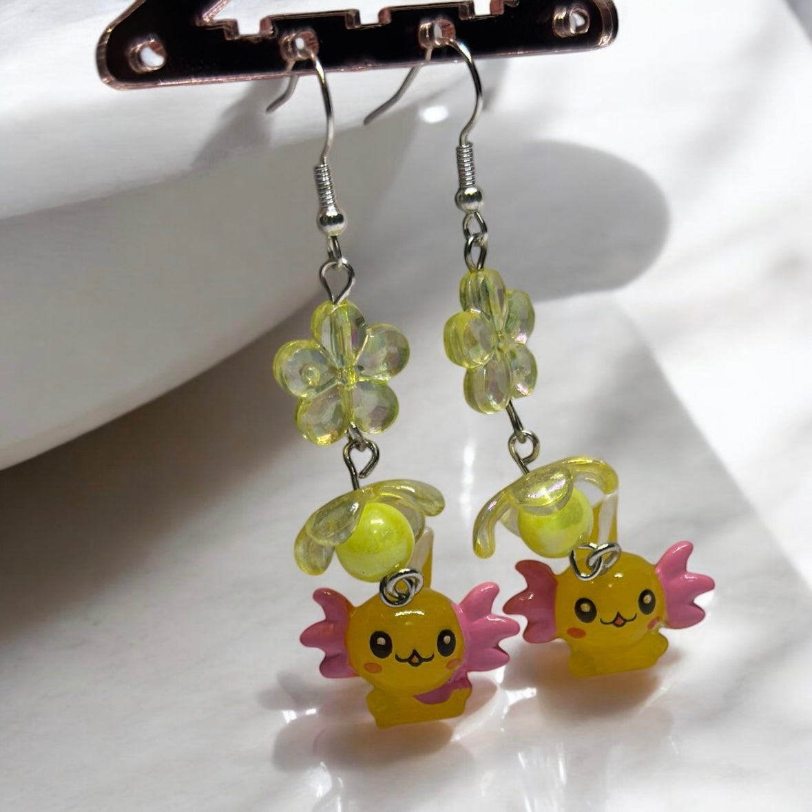 Yellow Axolotl earrings | 3d dangle earrings | sea creature earrings