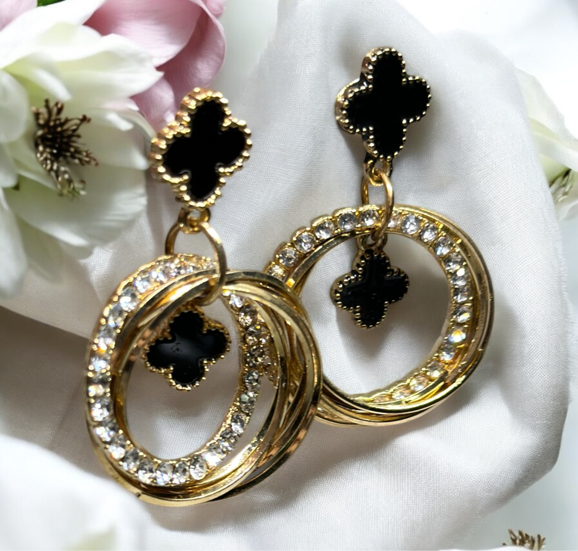 Golden clover earrings | rhinestone elegant earrings