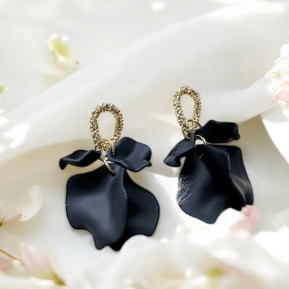 Pure black flowers earrings | frosted petals hoop earrings | statement earrings | golden wooden branches floral bridal earrings