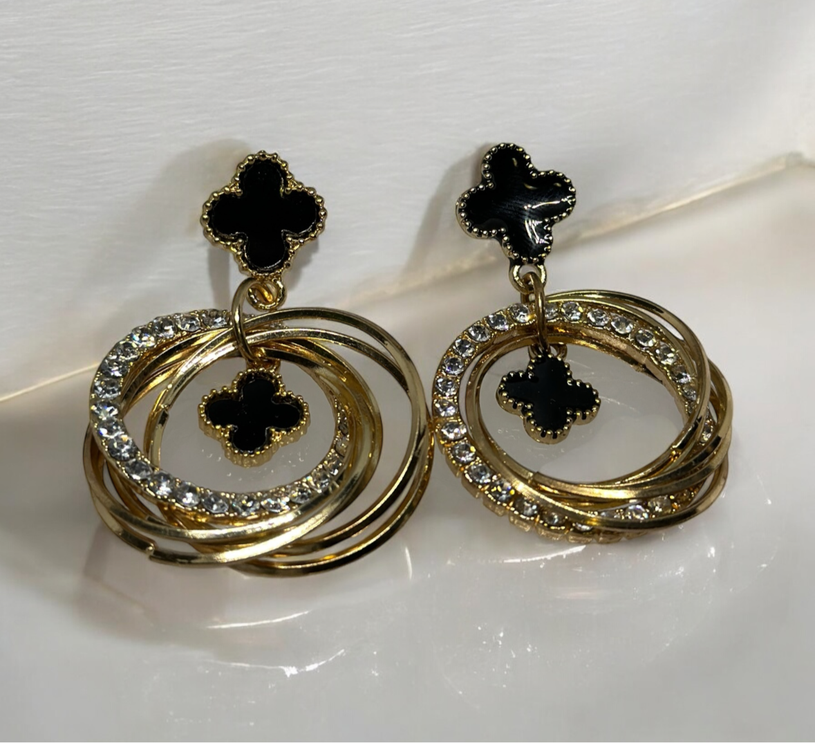 Golden clover earrings | rhinestone elegant earrings