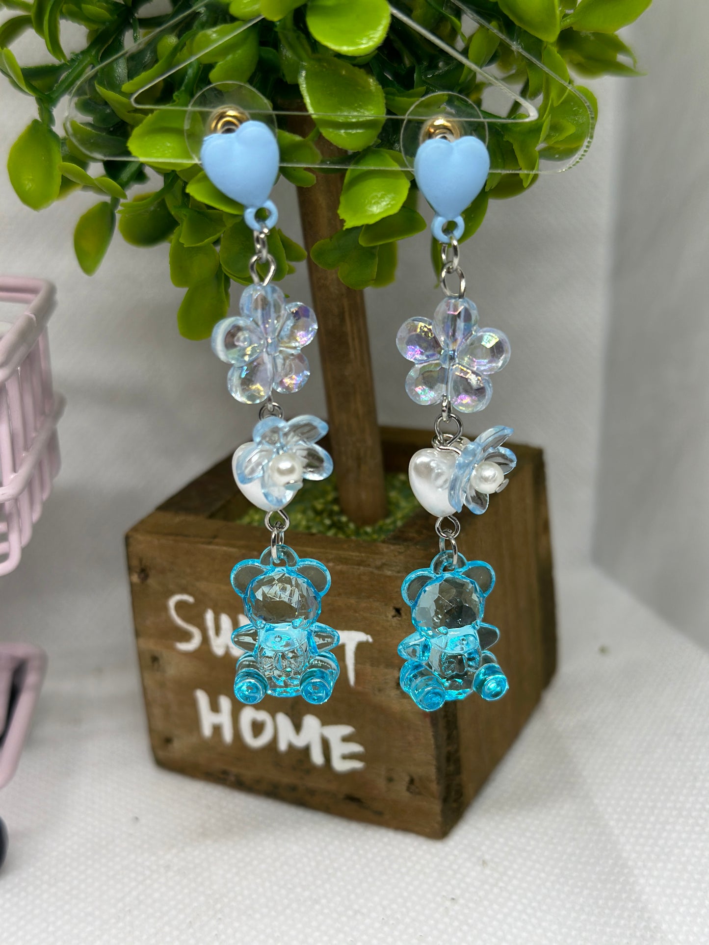 Blue glitter teddy bear earrings