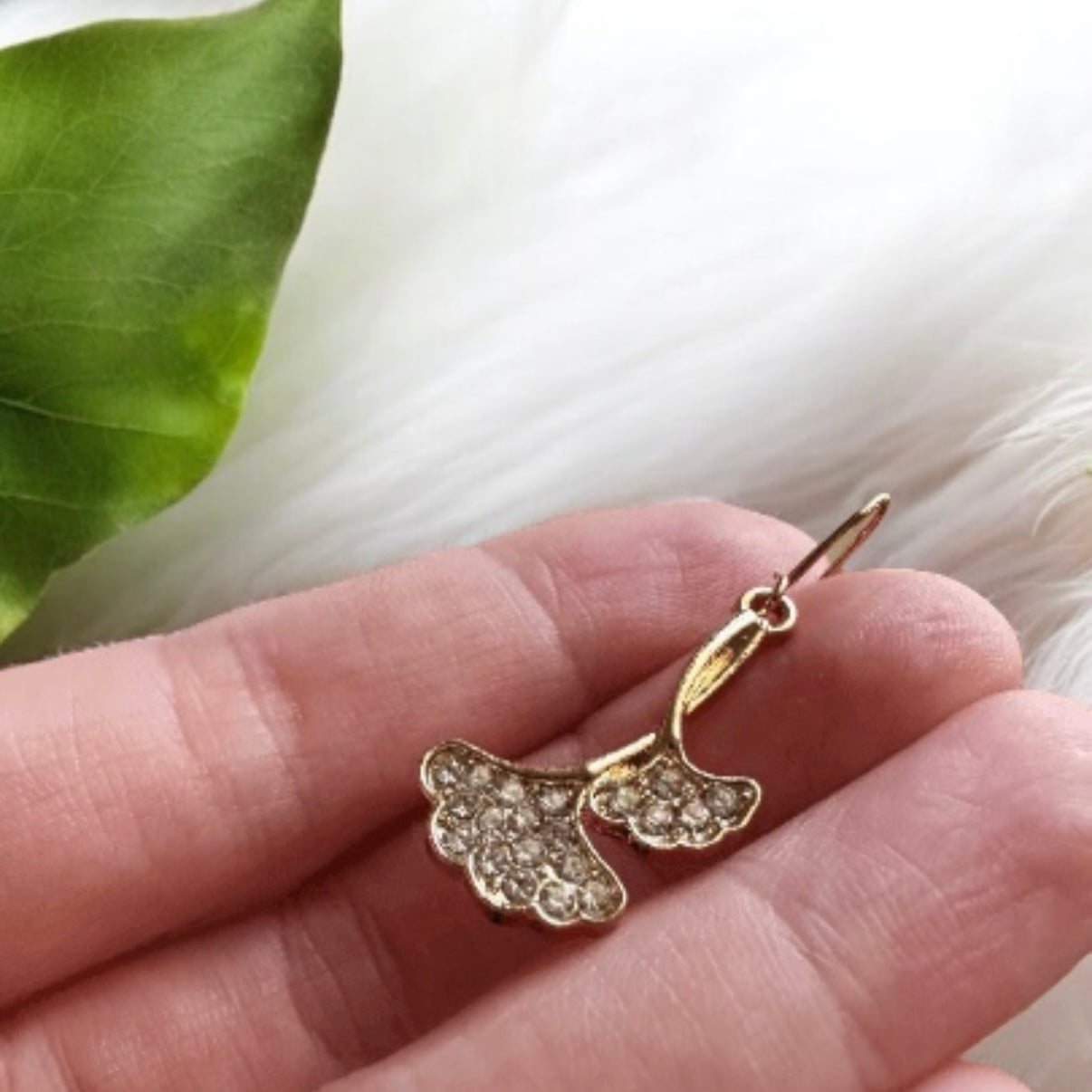 Ginkgo leaf Flower Gold statement earrings | mini rhinestone dangly drop earrings | floral geometric earrings | Korean earrings