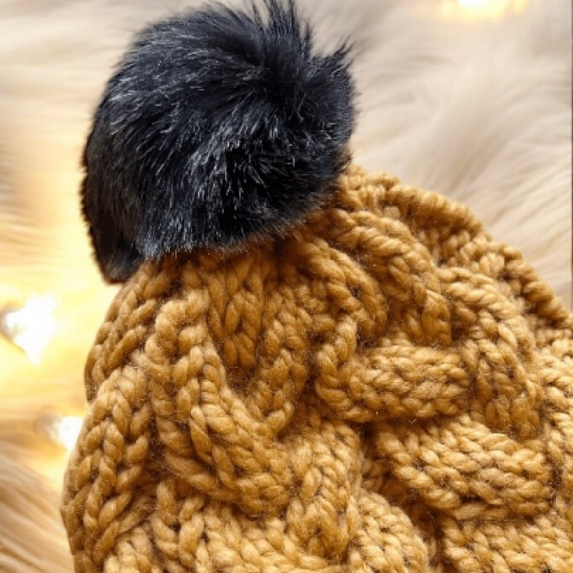 Handknit Chunky Cable Beanie | Knit Beret | Slouchy Hat in mustard | Knit beanie in yellow | Fluffy cozy fur pom pom winter hat