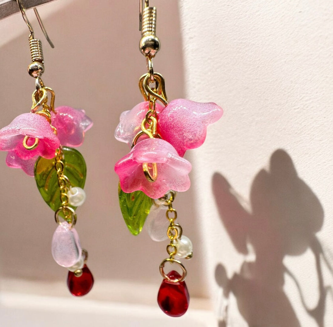 Pink Lily of the valley flower earrings