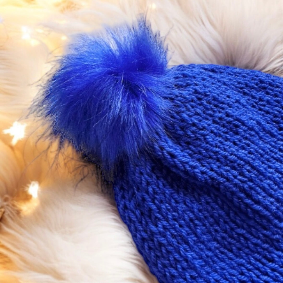 Handmade Double layered Knit beanie with faux fur pompom | Fur Pom Pom hat | Winter Knit Hat | Australian wool royal blue hat