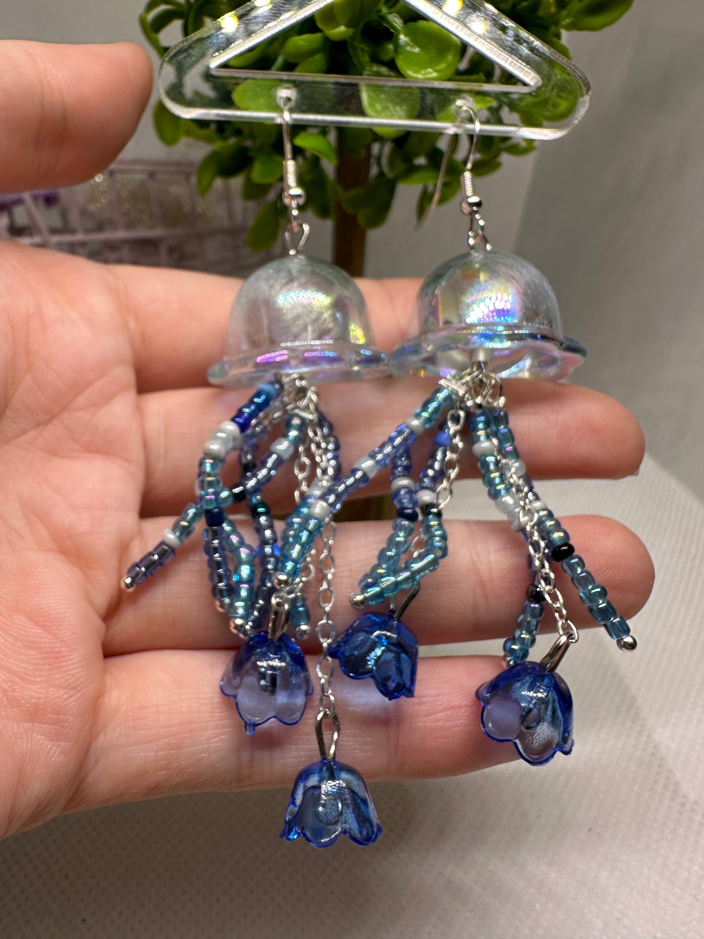 Beaded tentacles Jellyfish earrings | sea creature earrings | colourful clear iridescent dangle earrings | halgoram fun y2k earrings