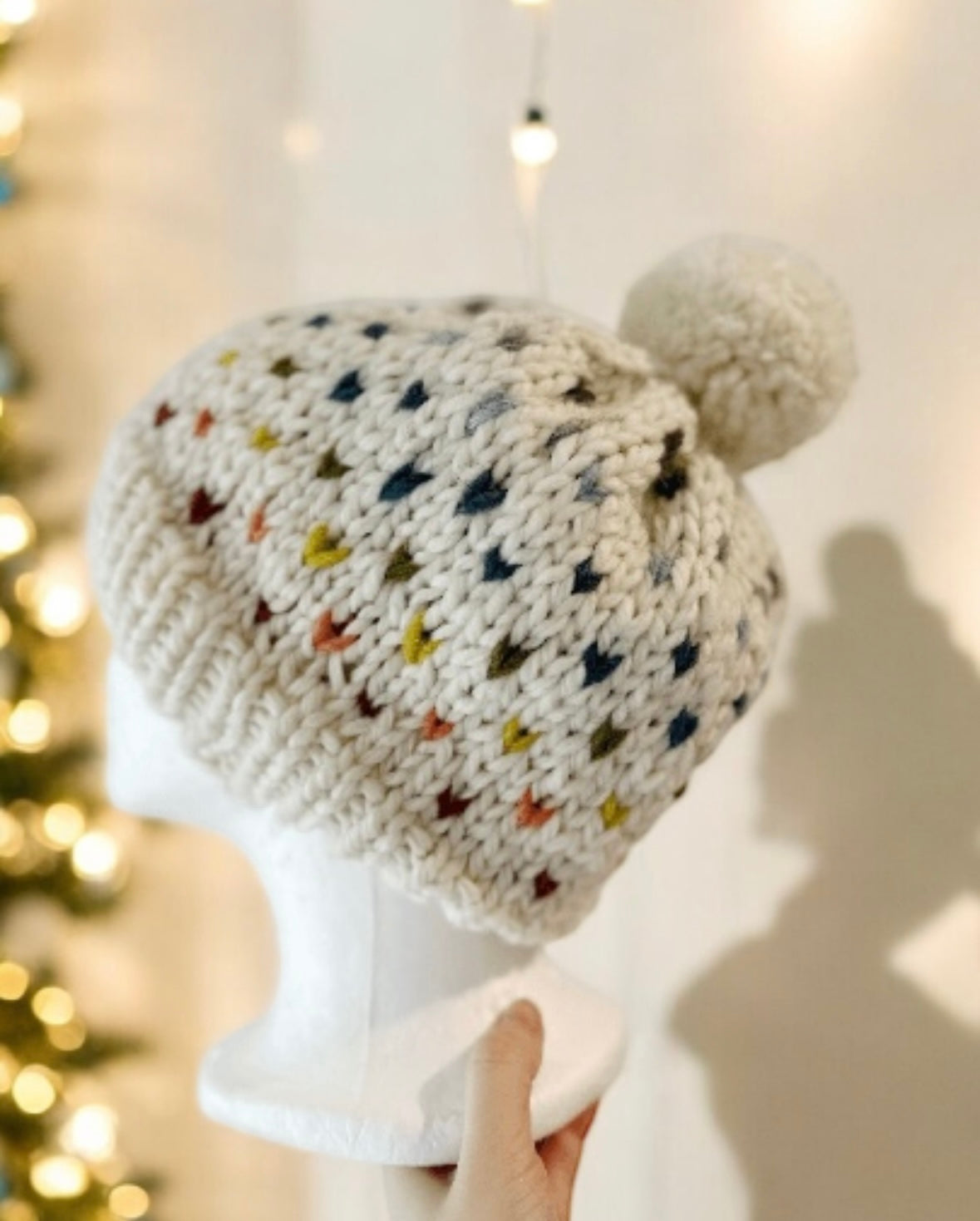 Handknit colourful dots pompom Beanie | rainbow candy colour hat | chuncky white beanie | Colour of Autumn season