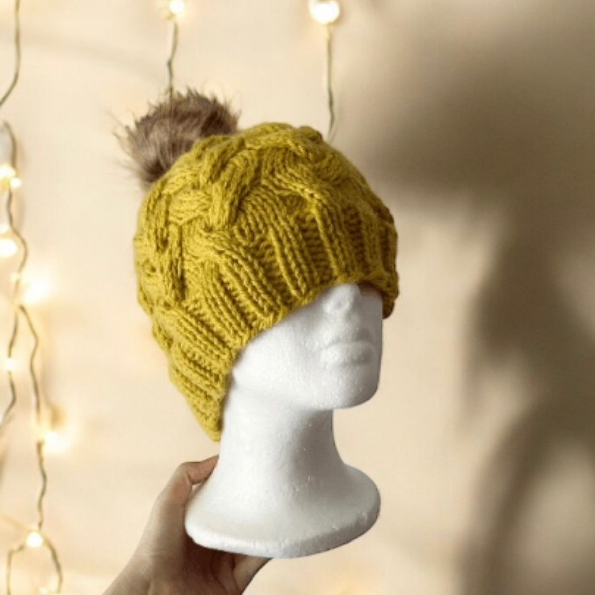 Handknit Cable Brim Beanie | Knit Beret | Slouchy Hat in mustard | Knit beanie in yellow | Fluffy cozy fur pom pom winter hat