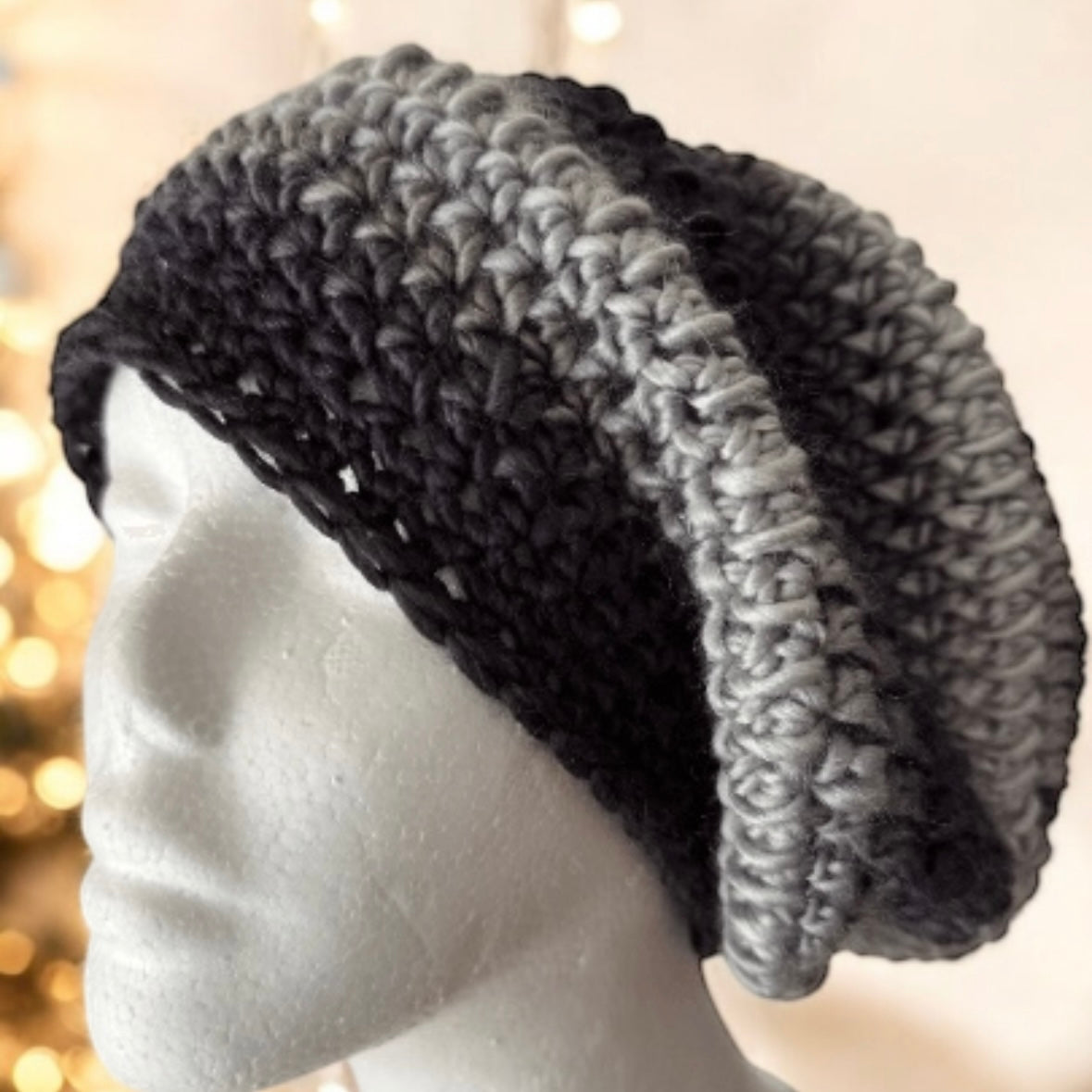 Handmade Crochet Slouchy Beanie | Bobble Beret | Slouchy Hat in black white ombre colour| Knit beanie in monotone | Knit winter hat