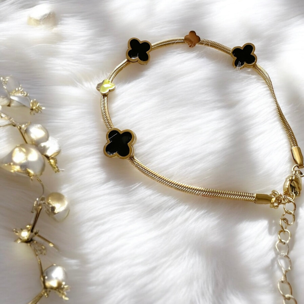 Golden bracelet with clover pattern | rhinestones embossed | shinny decor bracelet