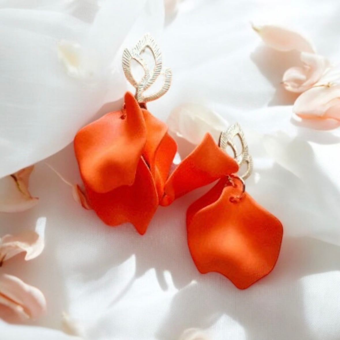 Bright orange flower earrings | dangle petals statement earrings | unique golden bar floral earrings | bridal party wedding earrings