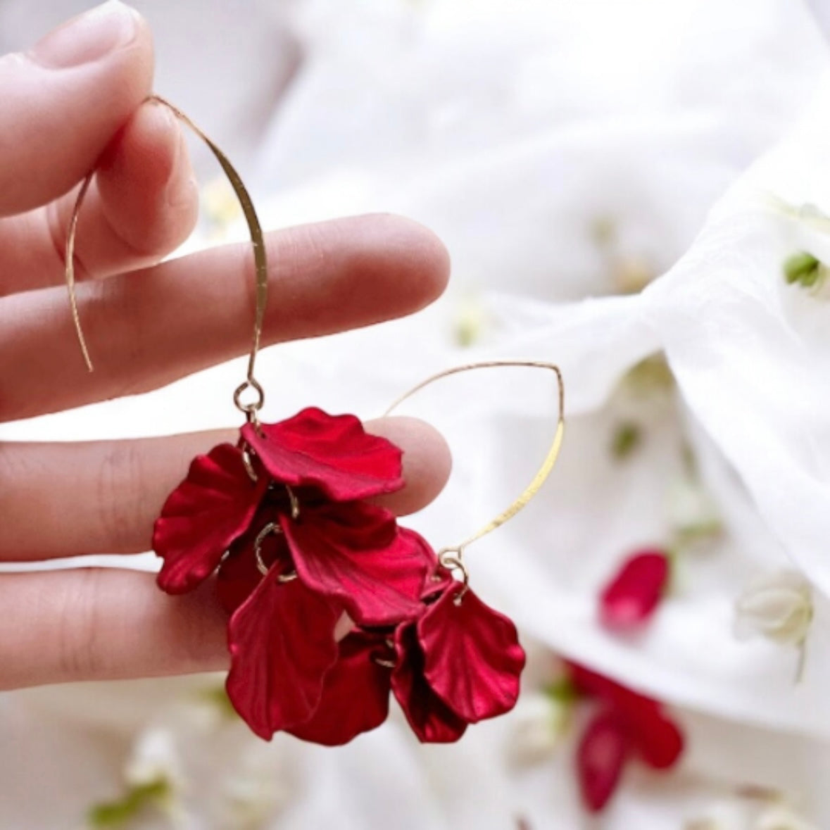 Hot red iridescent flower earrings | gold shinny shell petals dangle earrings |unique floral earrings | bridal party wedding earrings