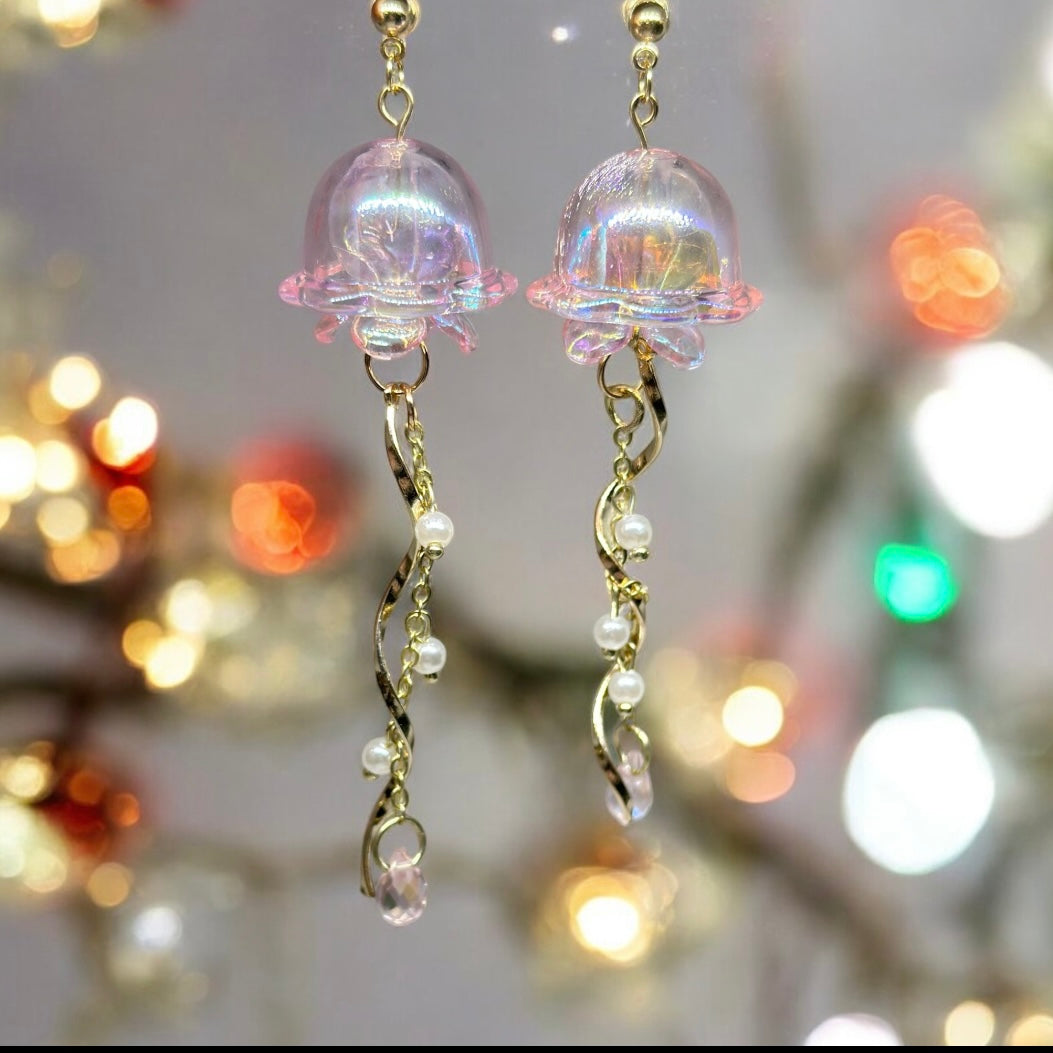 Pink sparkly clear Jellyfish earrings | sea creature zoology earrings | colourful clear iridescent dangle oversize earrings | halgoram earrings