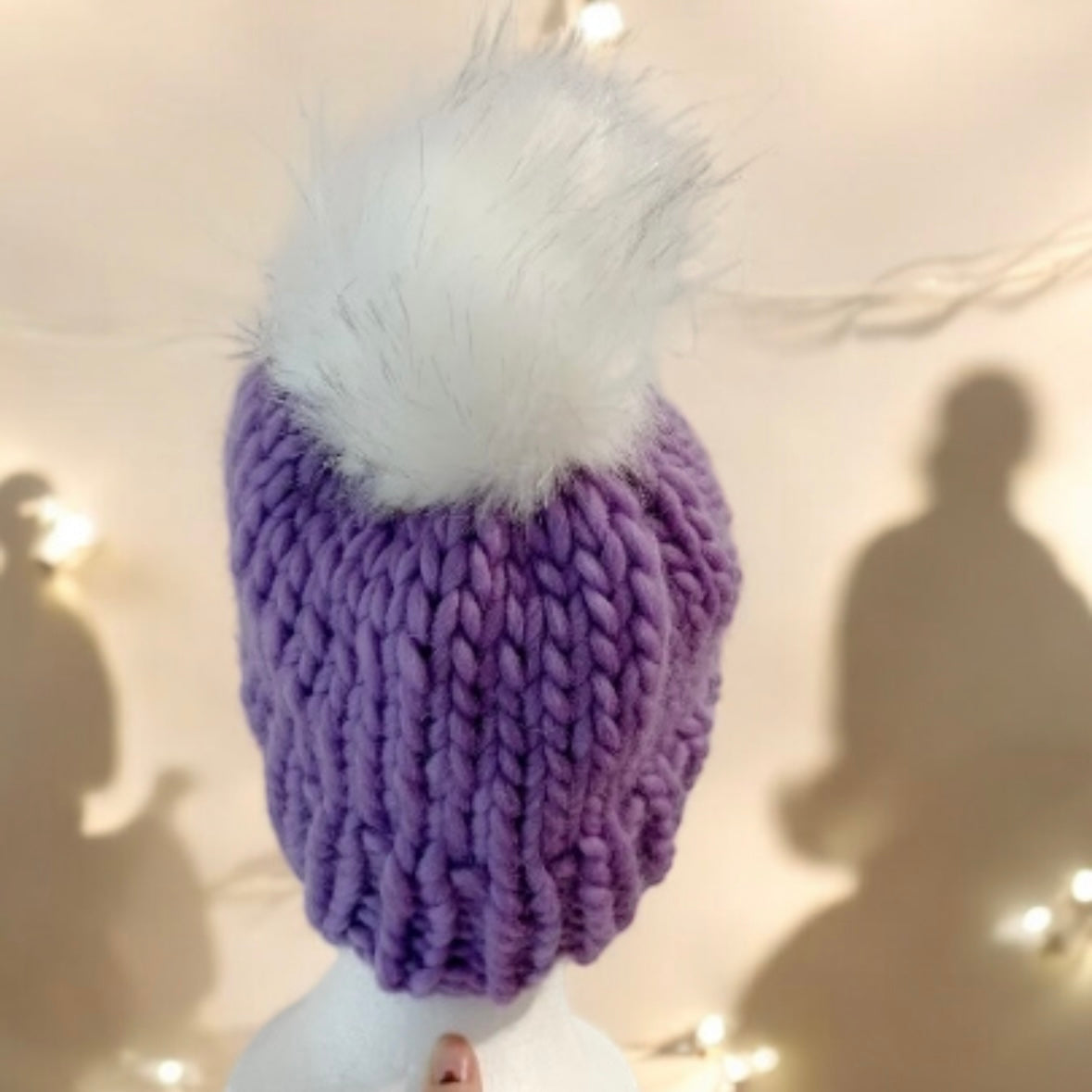 Super chunky faux fur pompom slouchy hat | knit winter beanie | cozy warm knit hat | super soft merino purple hat