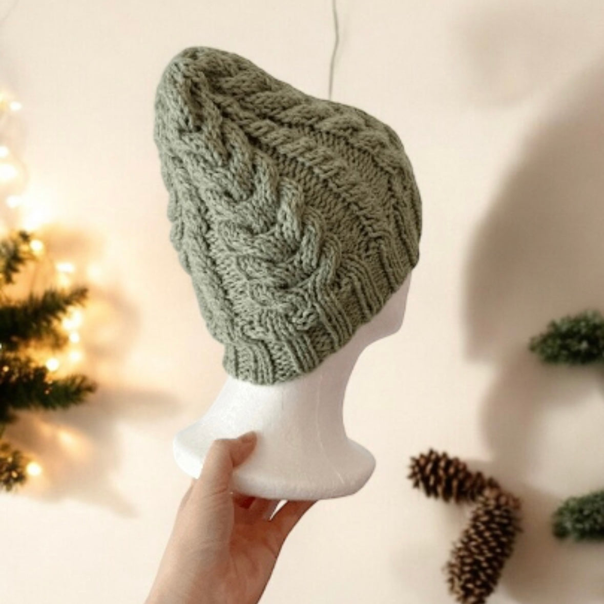 Handknit Sage green colour Cable Knitted | pastel colour autumn tone knit hat | adult women or men beanie | Winter knit briaded hatty light purple hat