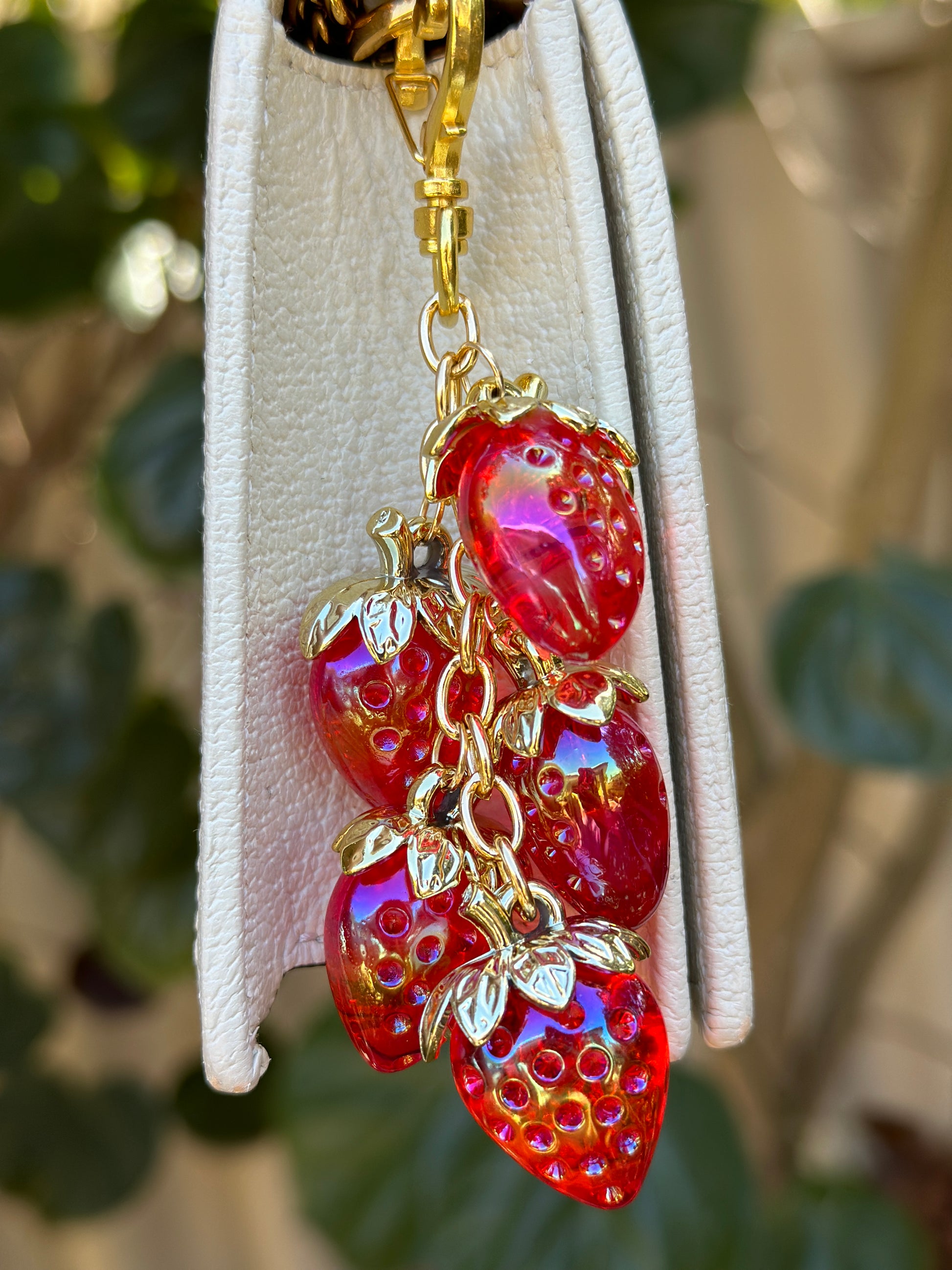 Strawberry bag charm | key chain | golden chain with heart bucket | y2k chain | bag lover gift | lux keychain - TuttyKnitty