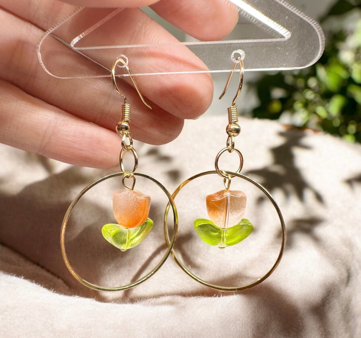 Tulip earrings | golden leaf mini flower earrings | elegant floral dangle hoop earrings