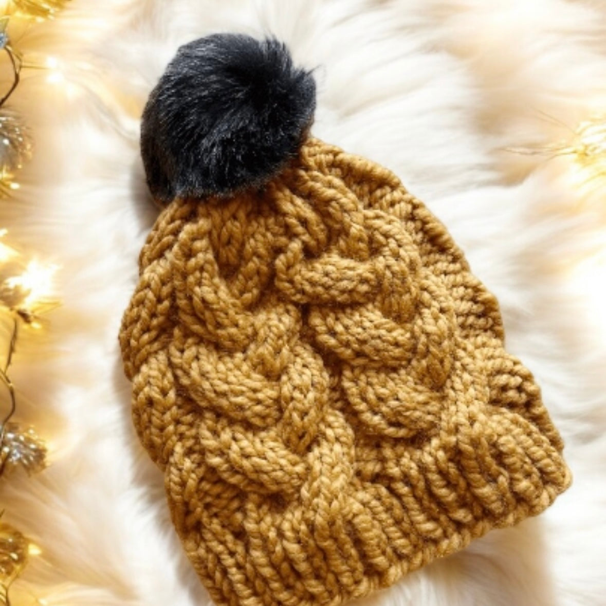 Handknit Chunky Cable Beanie | Knit Beret | Slouchy Hat in mustard | Knit beanie in yellow | Fluffy cozy fur pom pom winter hat