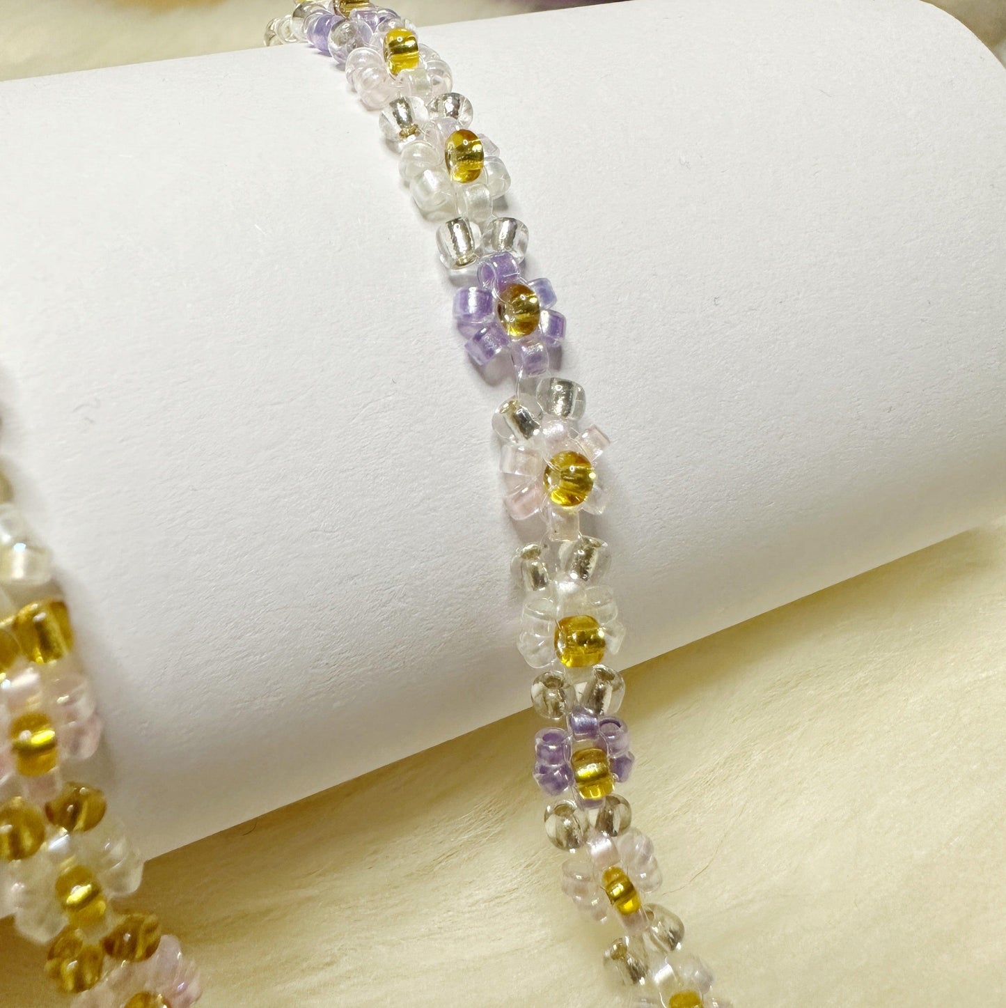 Pink or Purple Beaded bracelet with daisy pattern | golden colour chain | shinny decor bracelet |