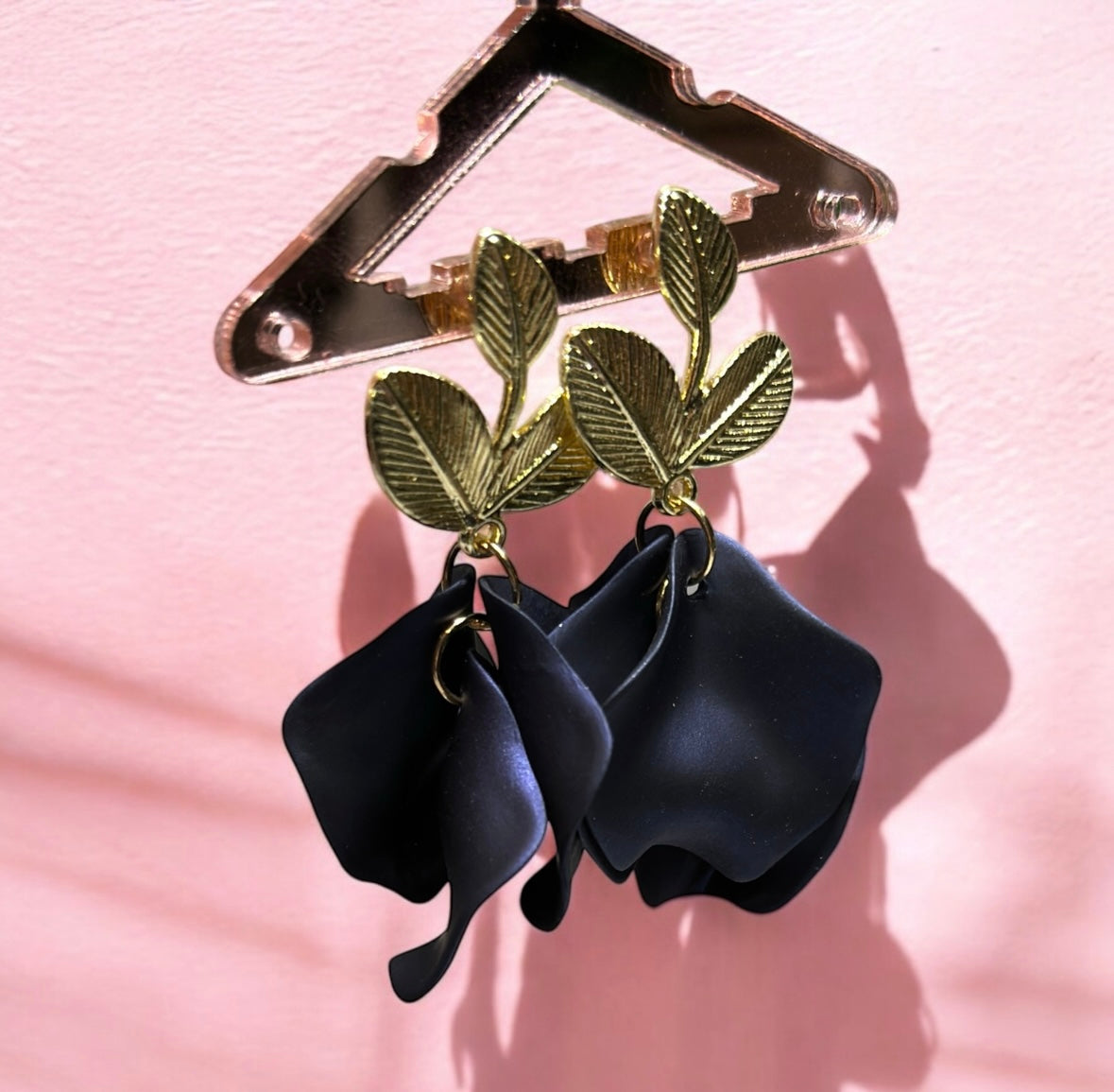 Navy iridescent flower earrings | golden leaf style earrings