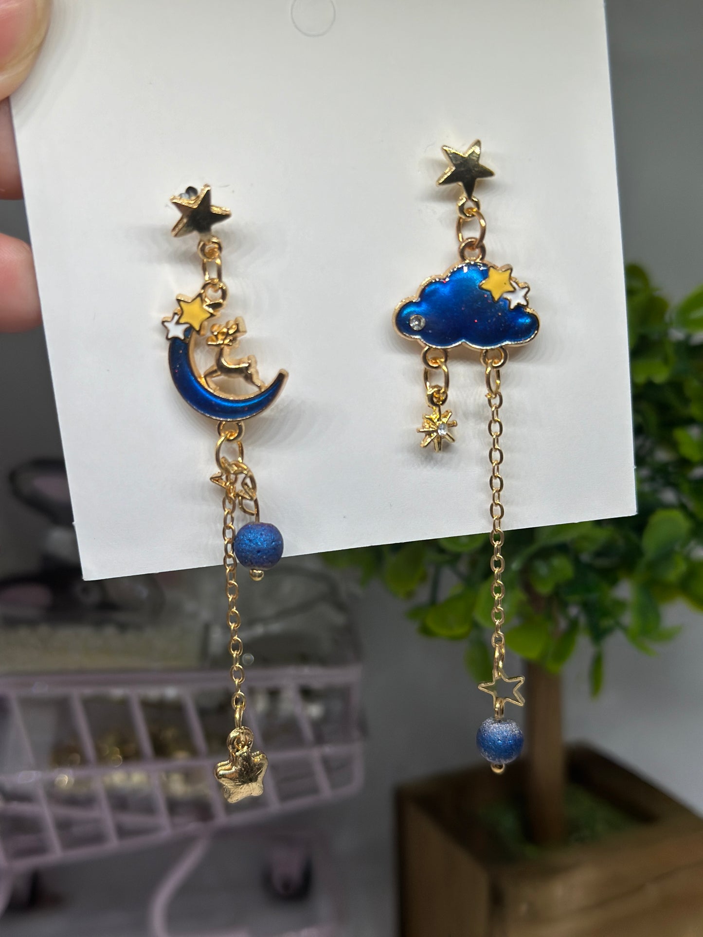 Celestial statement earrings | Blue cat moon stars earrings | Galaxy dangle earrings | Gold mismatch earrings | cat paw pearls minimalist