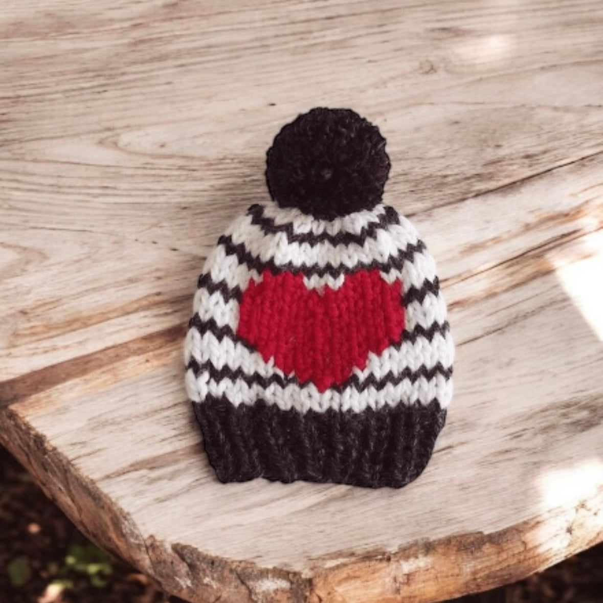 Hand knit Monochromatic Red Heart and stripes pompom hat | handknit Baby/Toddler beanie |Chunky Pom Pom Hat | Knit winter hat | baby gift