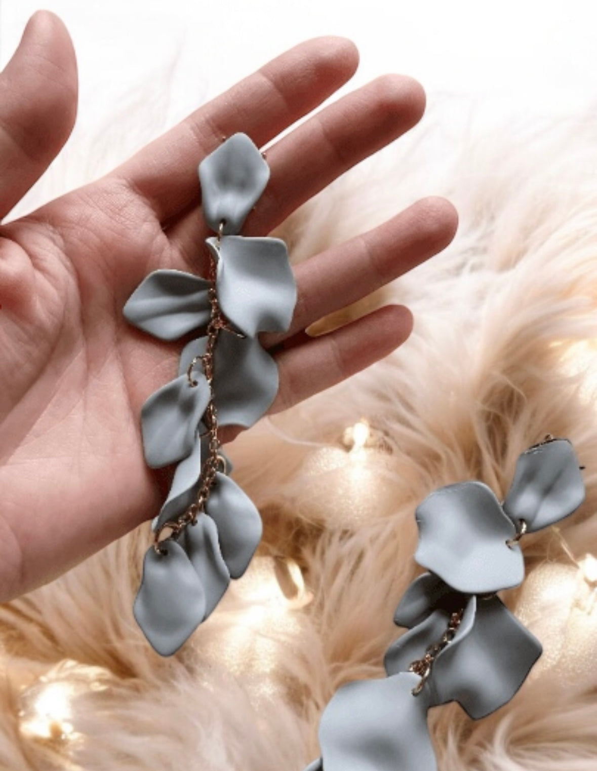 Grey matte flower earrings | dangle petals statement earrings | unique golden bar floral earrings | bridal party wedding earrings