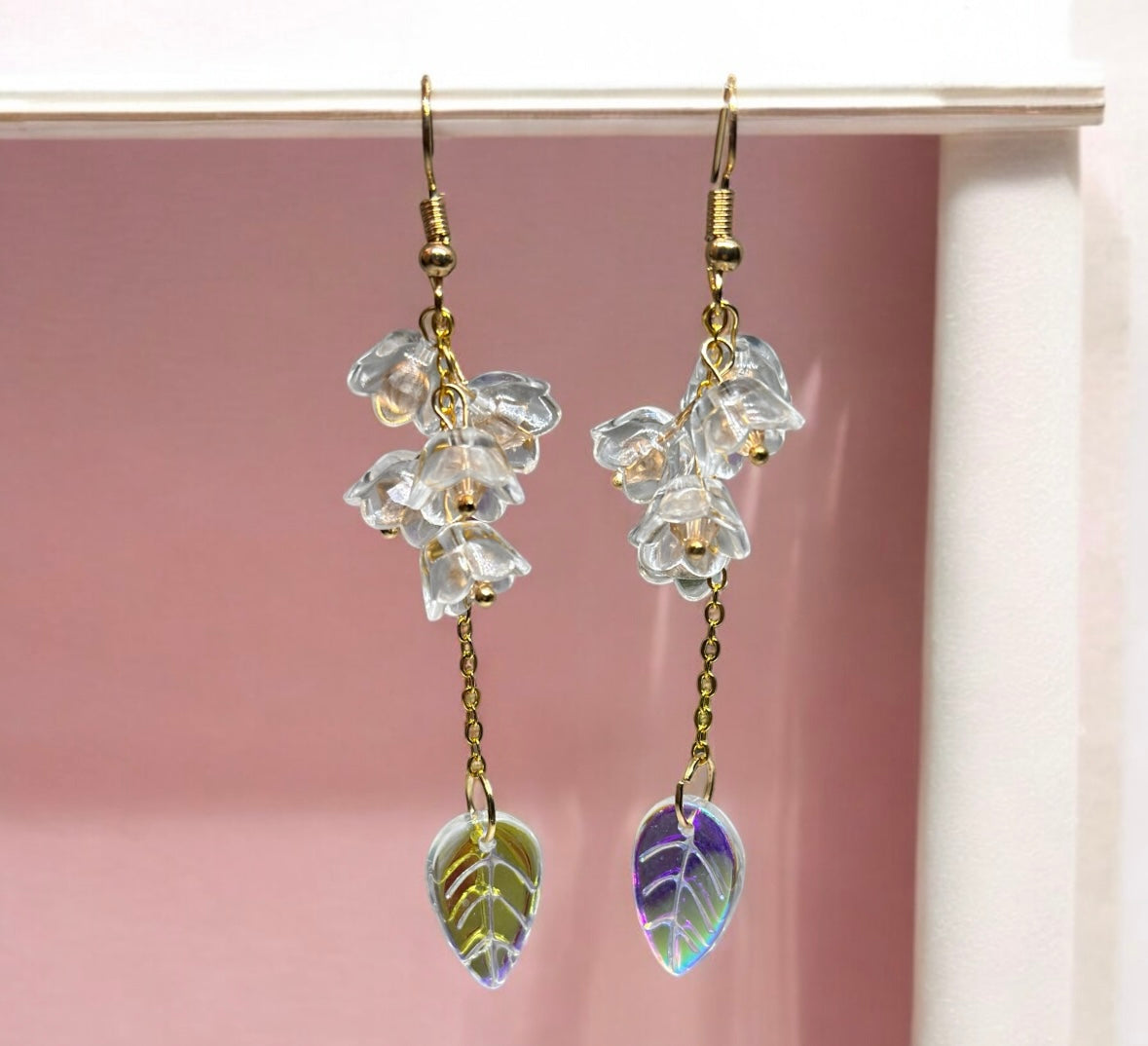 Clear mini flower earrings | elegant floral dangle chain earrings