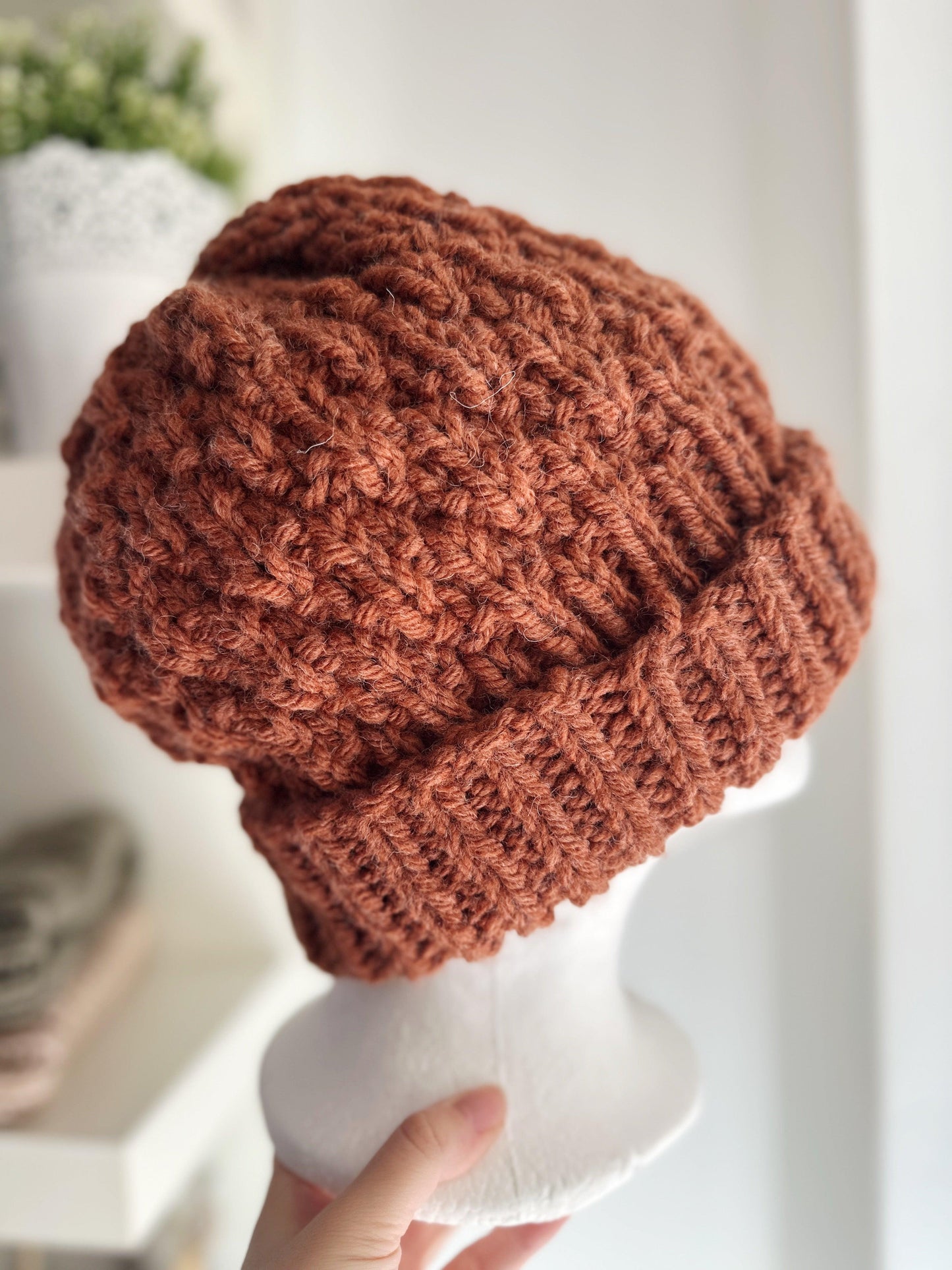 Handknit Chunky Patterned Beanie | Knit Beret | Foldable brim in saffron | Knit beanie in coffee | Fluffy and cozy winter hat