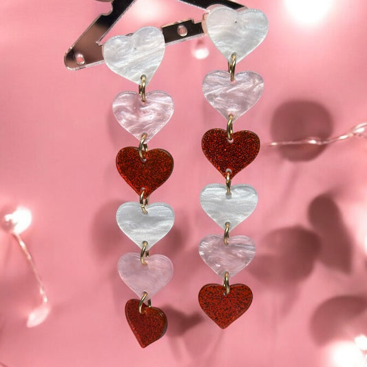 Pink pastel red heart chain earrings | Art colour block love shaped earrings | resin oversize statement earrings | pop fun korean style