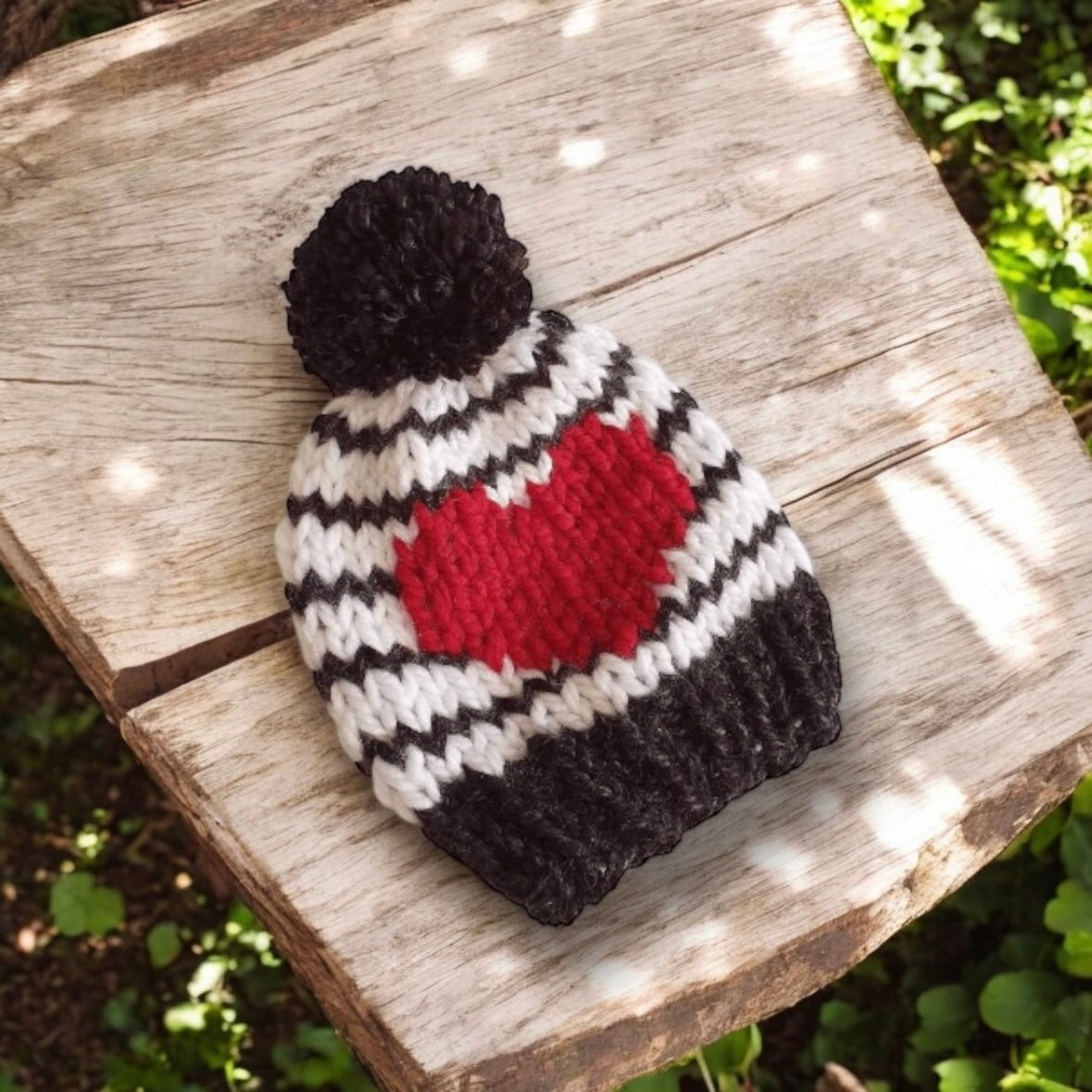 Hand knit Monochromatic Red Heart and stripes pompom hat | handknit Baby/Toddler beanie |Chunky Pom Pom Hat | Knit winter hat | baby gift