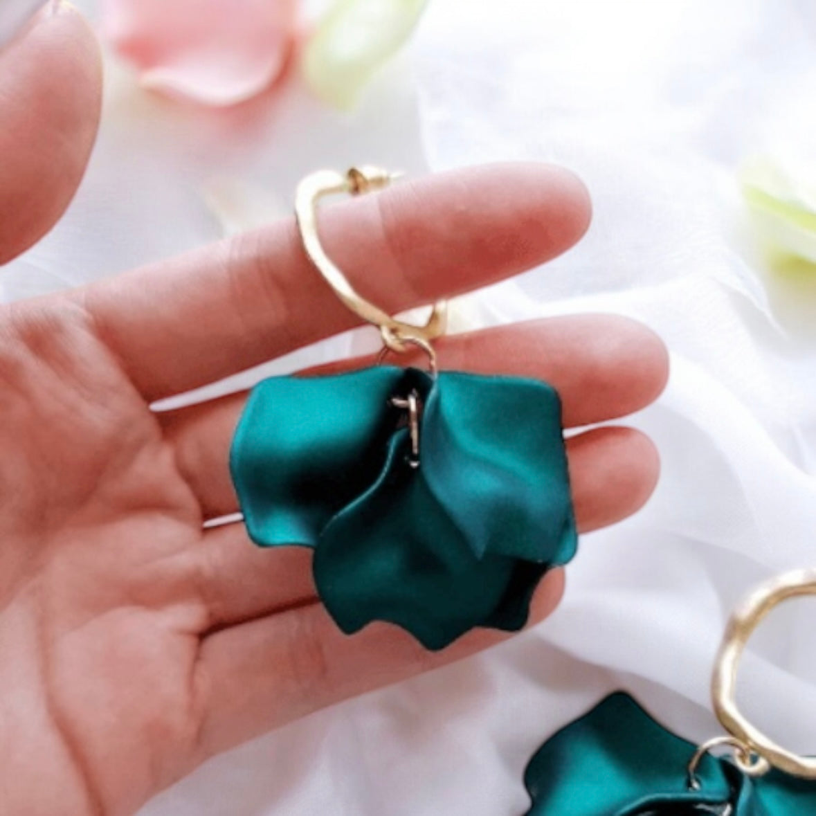 Emerald green flower earrings | iridsecent petals baroque earrings | unique gold hoop floral earrings | bridal party wedding earrings