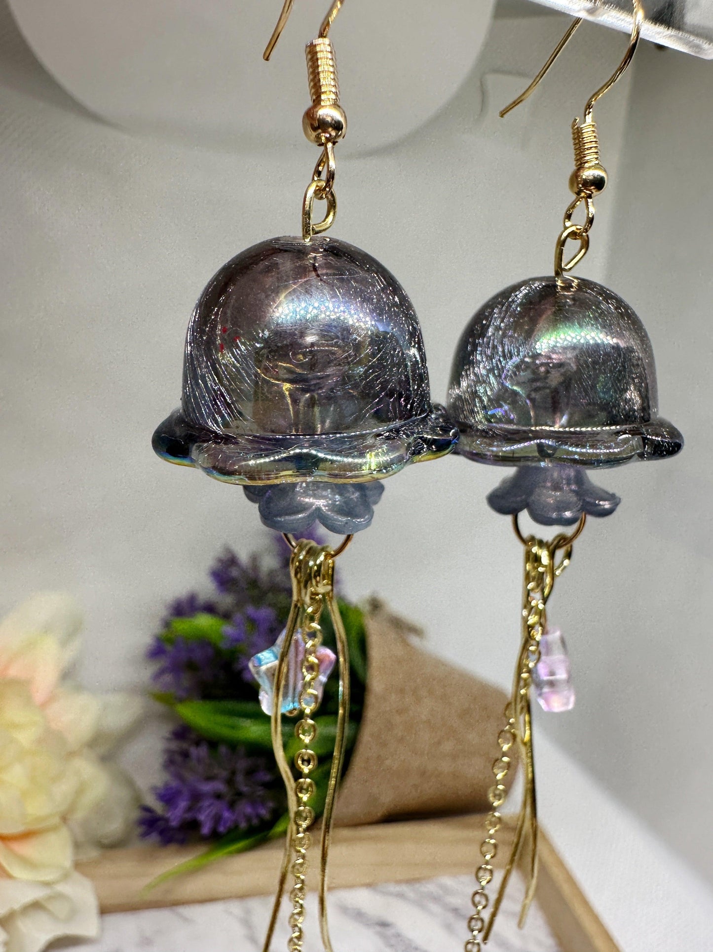 Navy blue sparkly clear Jellyfish earrings | sea creature zoology earrings | colourful clear iridescent dangle oversize earrings | halgoram fun y2k earrings