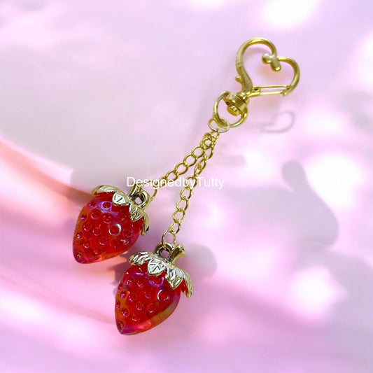 Strawberry bag charm | key chain | golden chain with heart bucket | y2k chain | bag lover gift