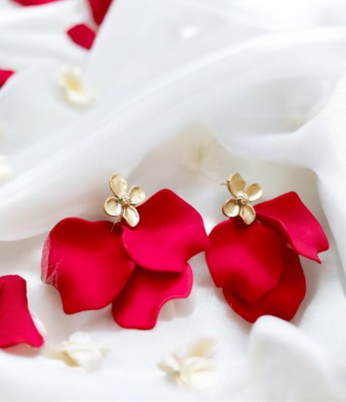 Hot red flower earrings | dangle petals baroque earrings | unique golden chain floral earrings | bridal party wedding earrings