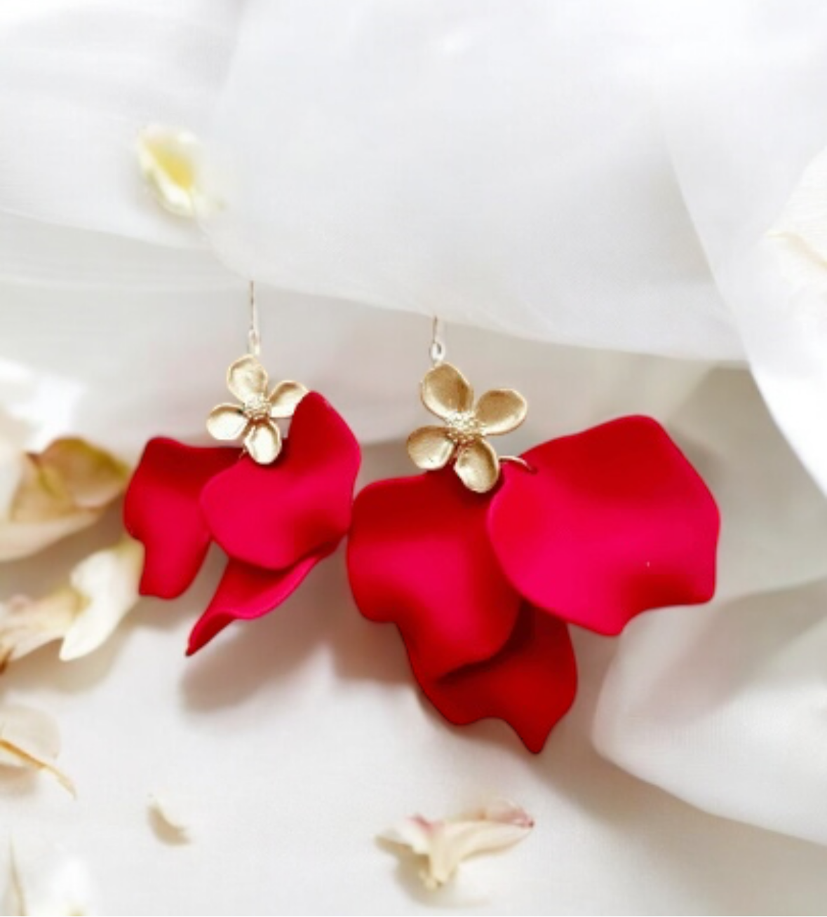 Hot red flower earrings | dangle petals baroque earrings | unique golden chain floral earrings | bridal party wedding earrings