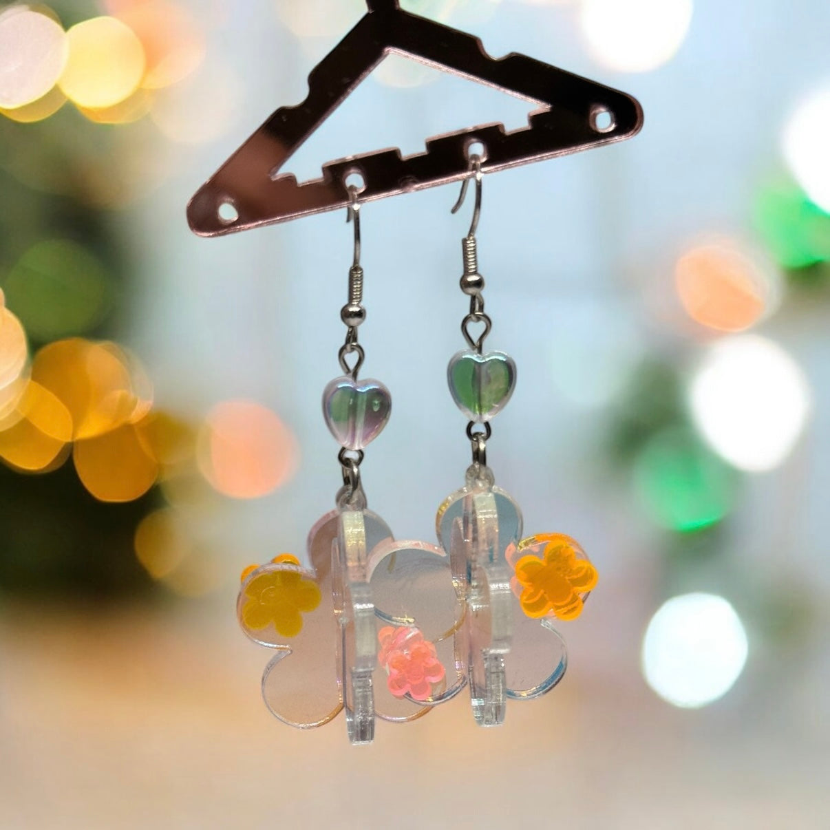 Dangle 3D flower earrings | fun floral earrings | colourful clear iridescent dangle oversize earrings | hologram fun earrings