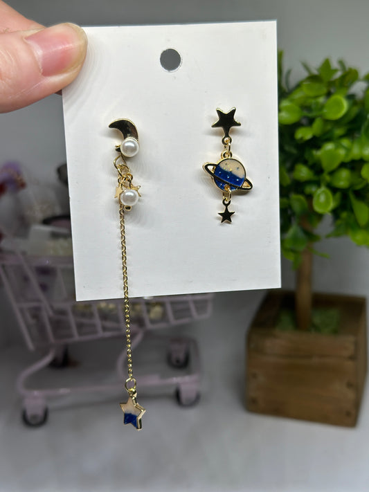 Celestial statement earrings | Blue moon and stars earrings | Galaxy planets dangle earrings | Gold hanging Korean aesthetic earrings