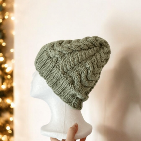 Handknit Sage green colour Cable Knitted | pastel colour autumn tone knit hat | adult women or men beanie | Winter knit briaded hatty light purple hat