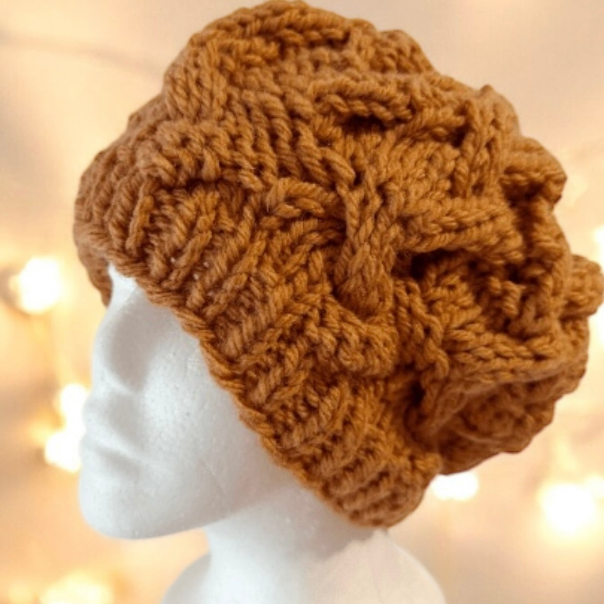 Handknit Cable Slouchy Beanie | Knit Beret | Slouchy Hat in orange brown grapefruit | super chunky slouch hat | Fluffy and cozy winter hat