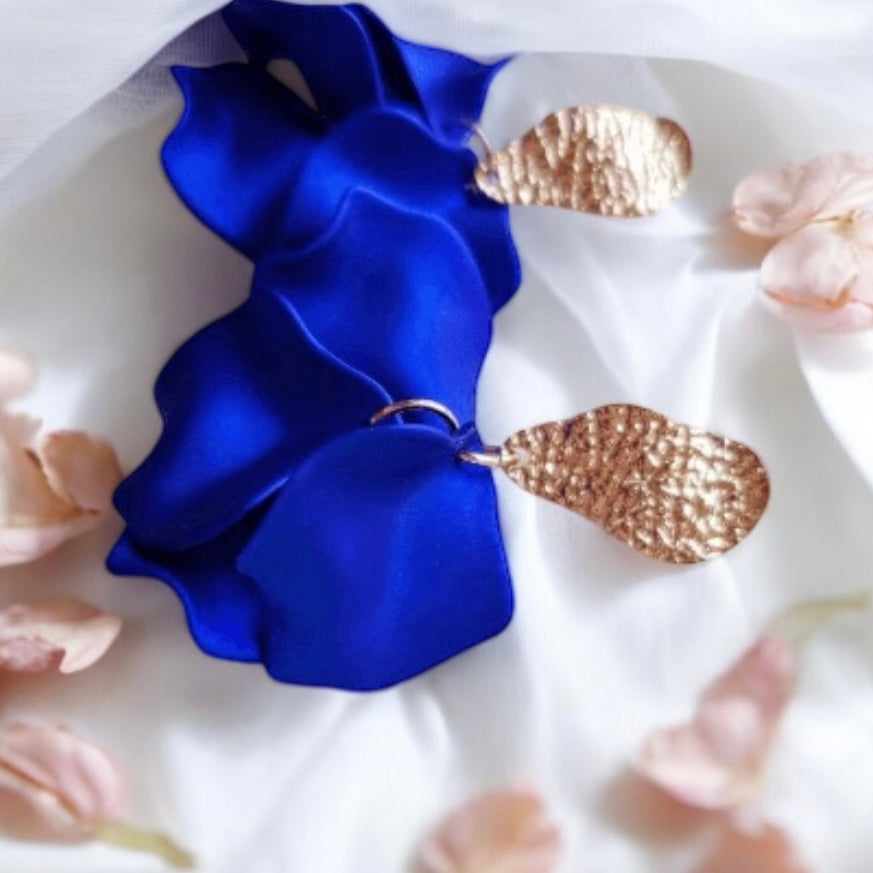 Royal blue iridescent flower earrings | rose petals statement earrings | unique golden bar floral earrings | bridal party wedding earrings