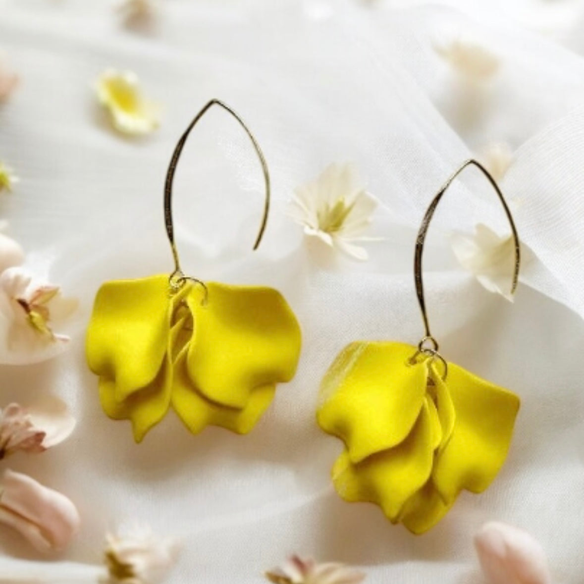 Bright yellow flower earrings | dangle petals statement earrings | unique golden bar floral earrings | bridal party wedding earrings