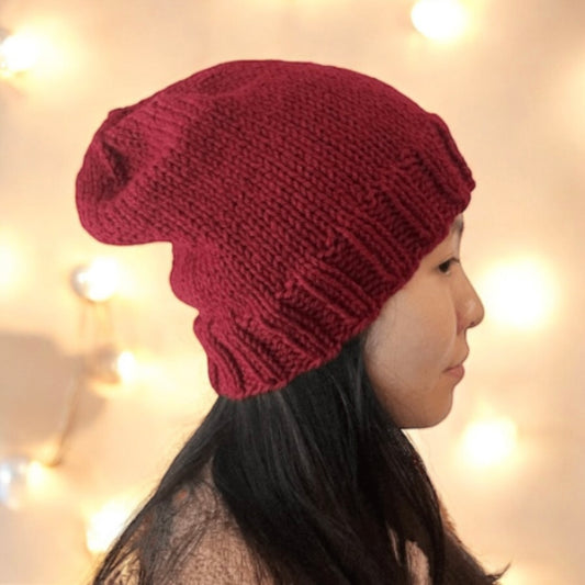 Handknit ribbed brim beanie in burgundy| Winter slouchy hat foldable brim | autumn winter style | cozy hat merino blend| men or women