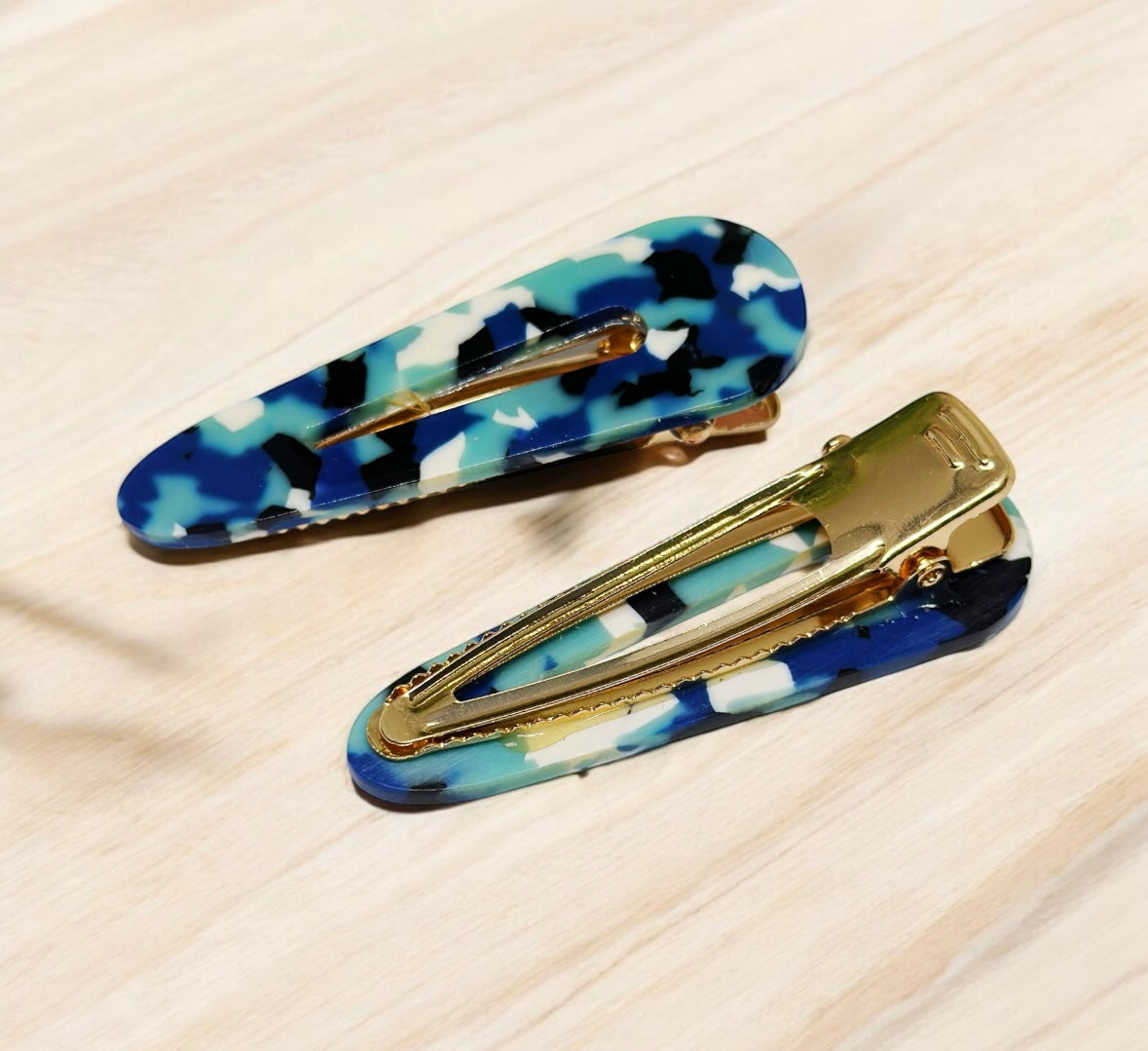 Colourful resin tortoise shell barrette clips in pairs | marble effect hair clips | confetti bright aqua blue acetate hair clip