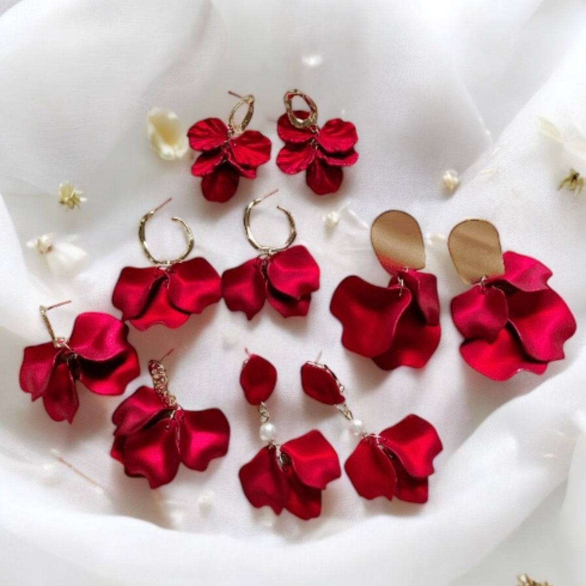 Hot red iridescent flower earrings | gold shinny shell petals dangle earrings |unique floral earrings | bridal party wedding earrings