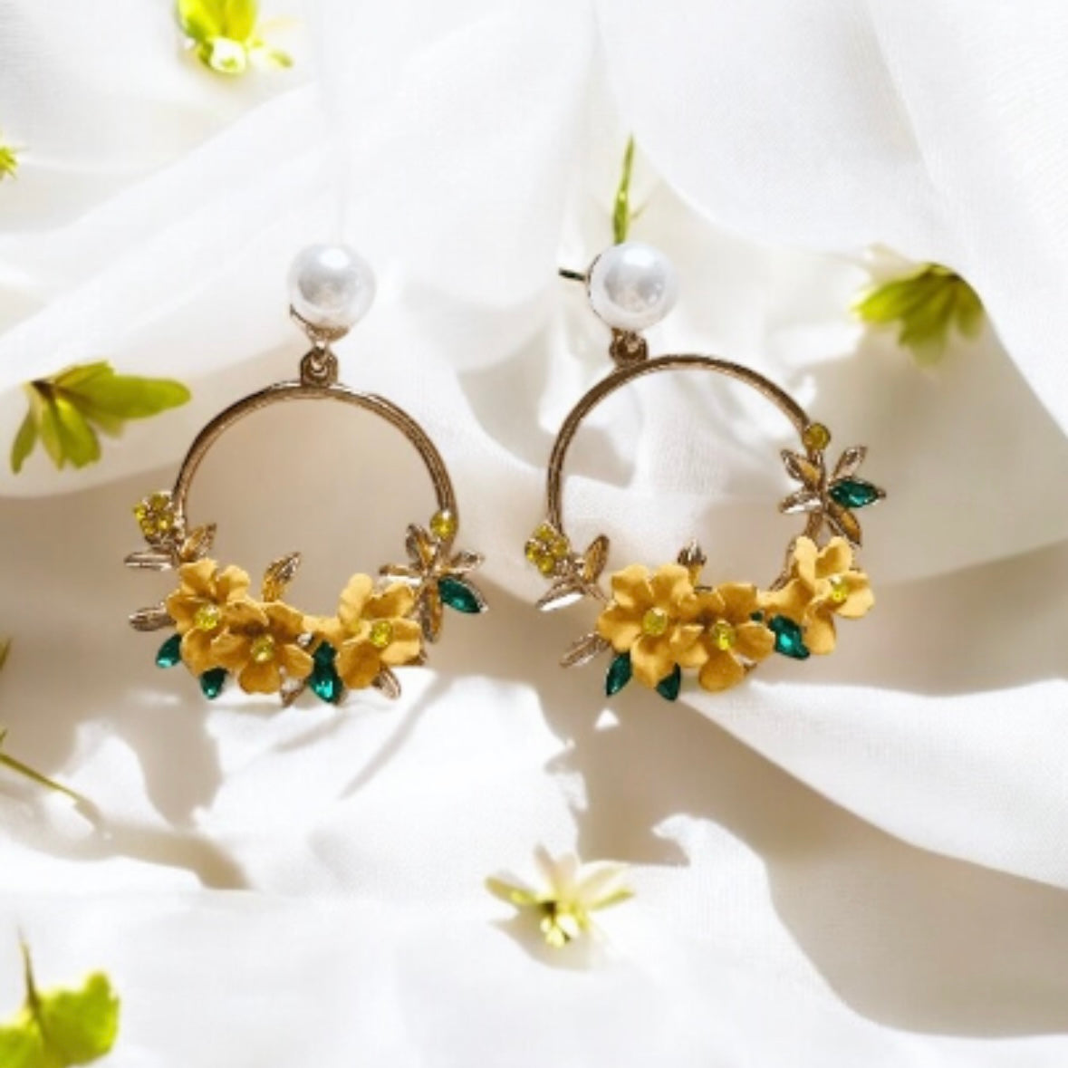 Gold flower hoop earrings with pearls | open dangle earrings | spring floral earrings | Flower petal dangly earrings | bridal earrings