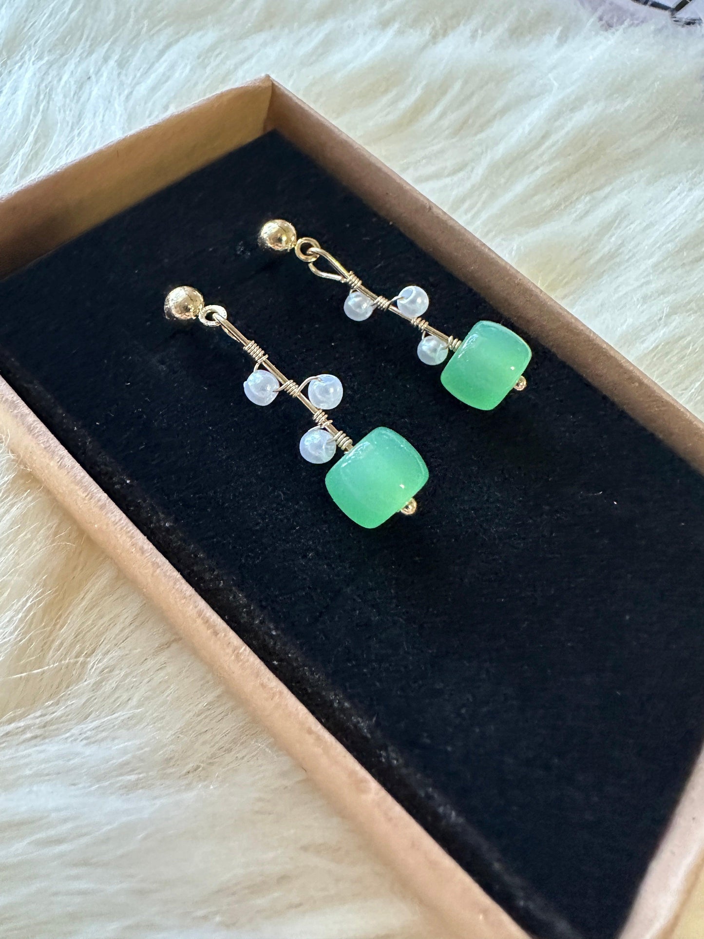 Gold statement earrings with pearl and stone |dangle pearl drop earrings | translucent green stone pearl drop earrings | Korean dangly beads earrings