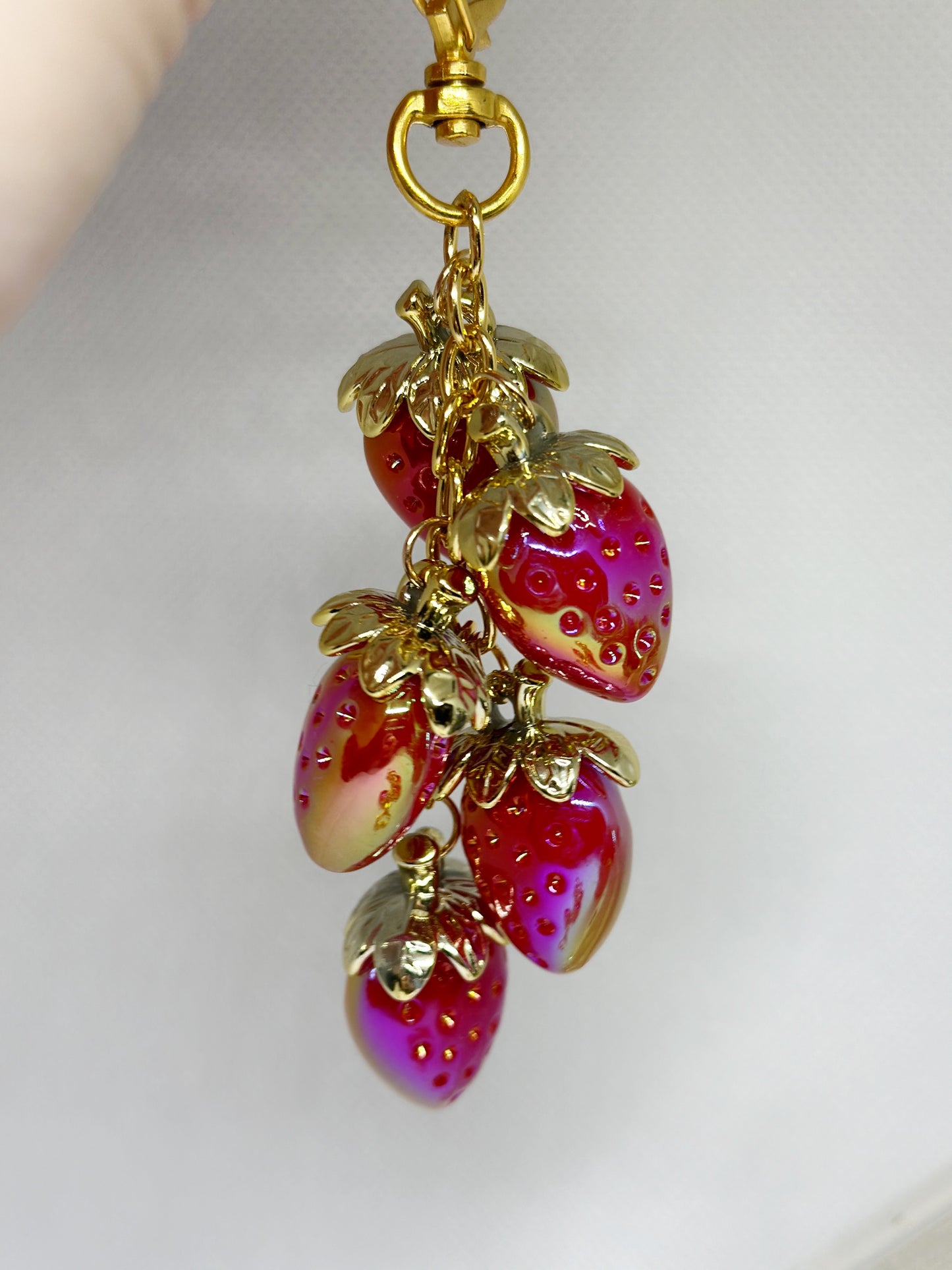 Strawberry bag charm | key chain | golden chain with heart bucket | y2k chain | bag lover gift | lux keychain