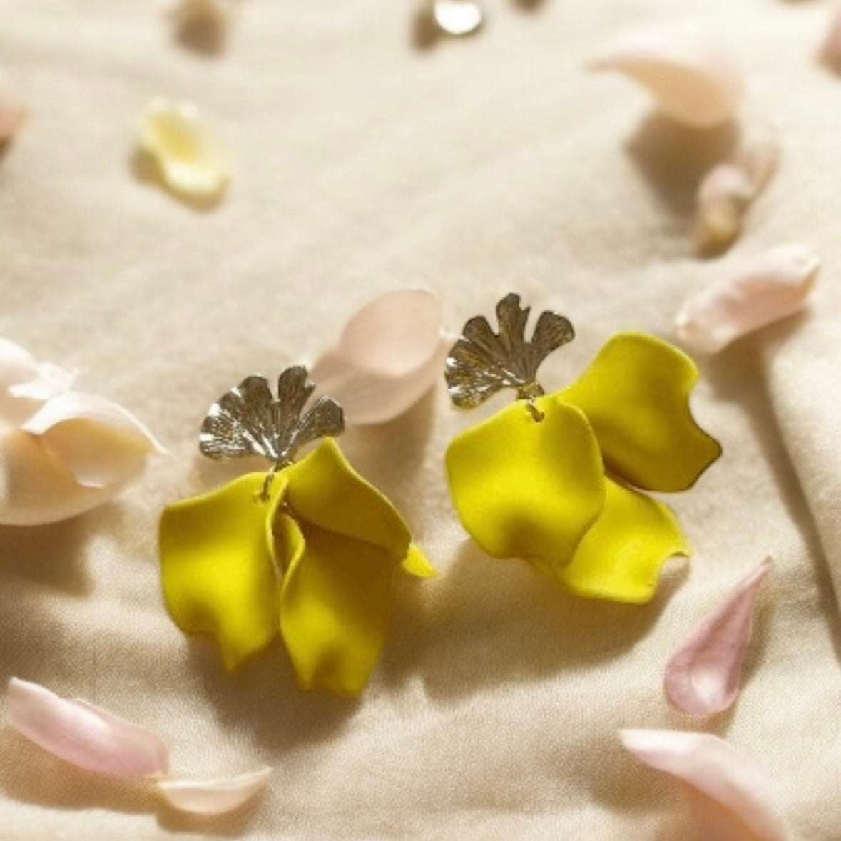 Bright yellow flower earrings | dangle petal lightweight earrings | golden ginkgo leaf earrings | bridal party wedding earrings